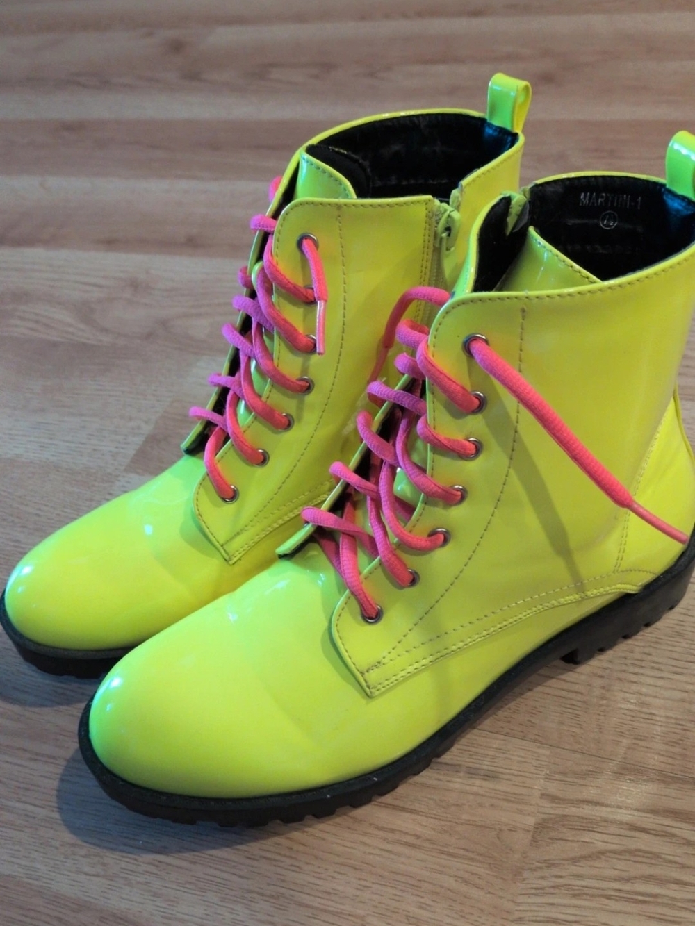 TOP Moda Neon Yellow Lace-Up Combat Boots with Pink Laces